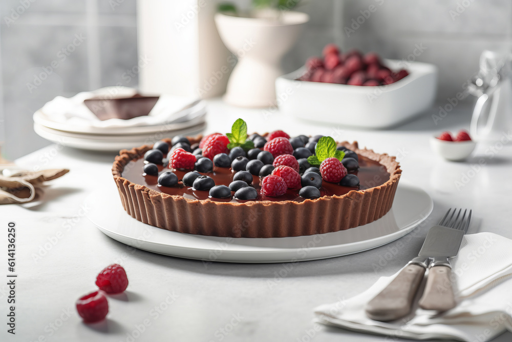 Chocolate berry tart in a white modern kitchen with raspberries and blueberries, generative AI Chocolate berry tart in a white modern kitchen with raspberries and blueberries, generative AI