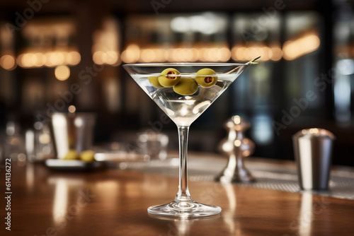Classic martini on a bar counter with blurred bar background, generative AI
