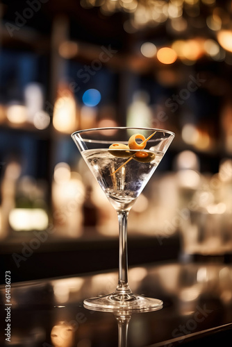 Classic martini on a bar counter with blurred bar background, generative AI