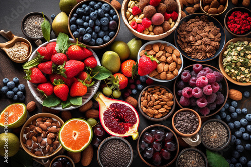 Selection of healthy food. Superfoods  various fruits and assorted berries  nuts and seeds. Generative AI
