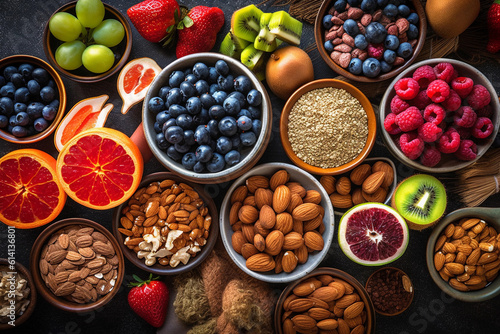 Selection of healthy food. Superfoods, various fruits and assorted berries, nuts and seeds. Generative AI