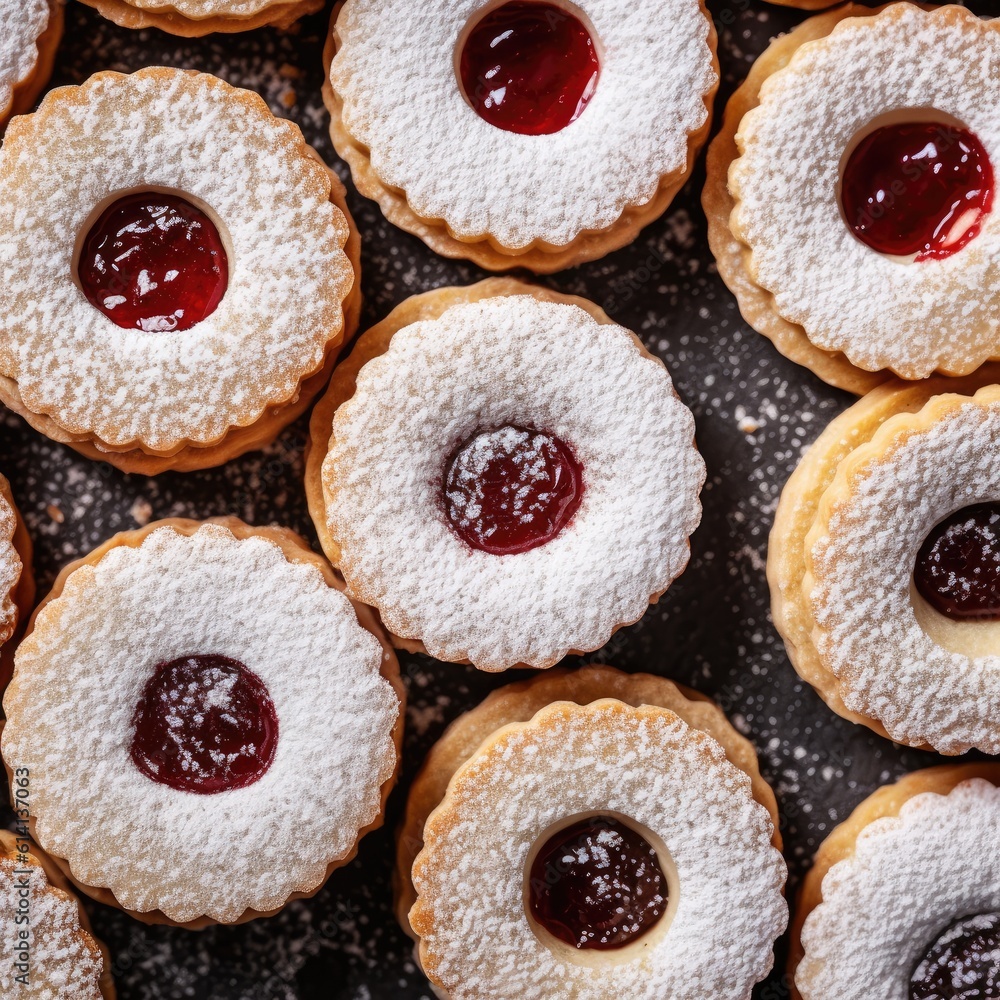 Linzer cookies, sugar powder, different colors, neutral background, tasty bisquits close-up.
