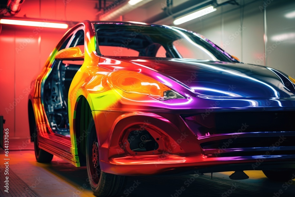 A close - up shot of a vehicle in a paint booth, as it undergoes the painting process. Generative AI A close - up shot of a vehicle in a paint booth, as it undergoes the painting process. Generative AI