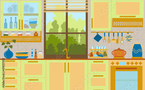The interior is an Art Deco kitchen room with a window near the sink. illustrations of a cozy interior with modern furniture, hand-drawn in a flat style.