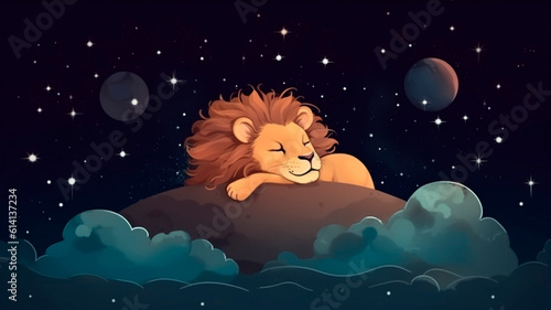 A baby lion sleeping on the cloud with a starry sky