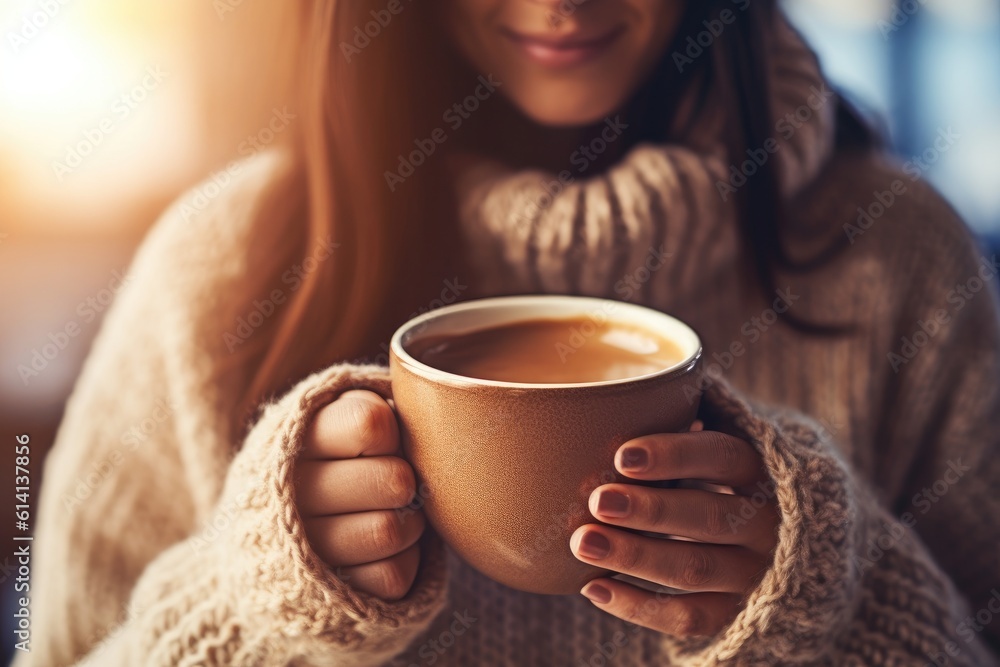 A young woman enjoying a cup of coffee at a trendy cafe. Generative AI A young woman enjoying a cup of coffee at a trendy cafe. Generative AI