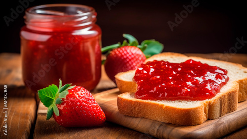 Close-up photo, a slice of bread with strawberry jam on a rustic wooden tabletop
