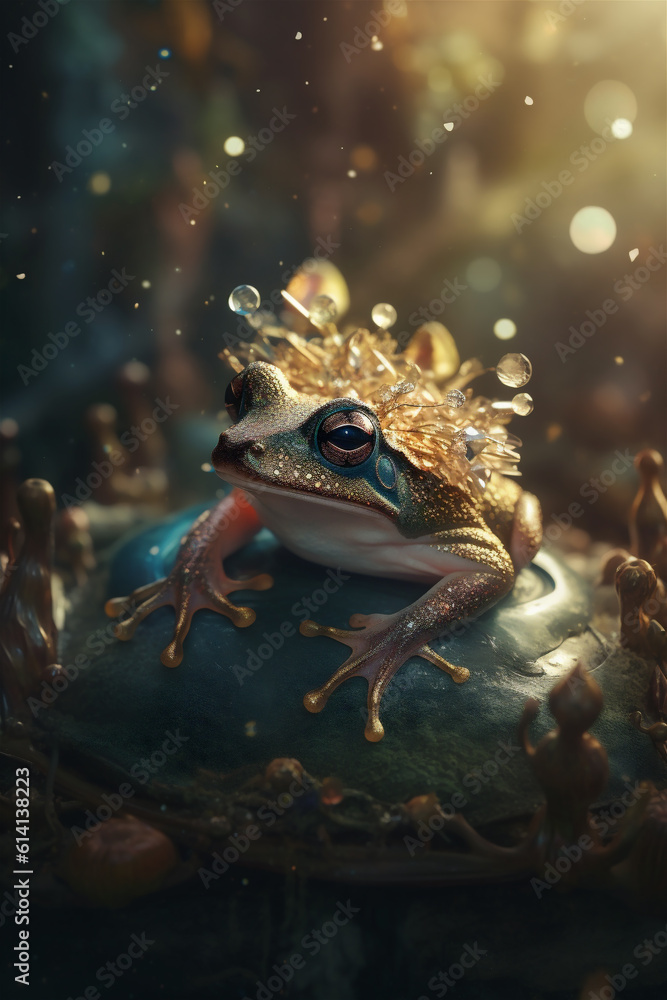 Closeup frog covered with water droplets, in the jungle Closeup frog covered with water droplets, in the jungle