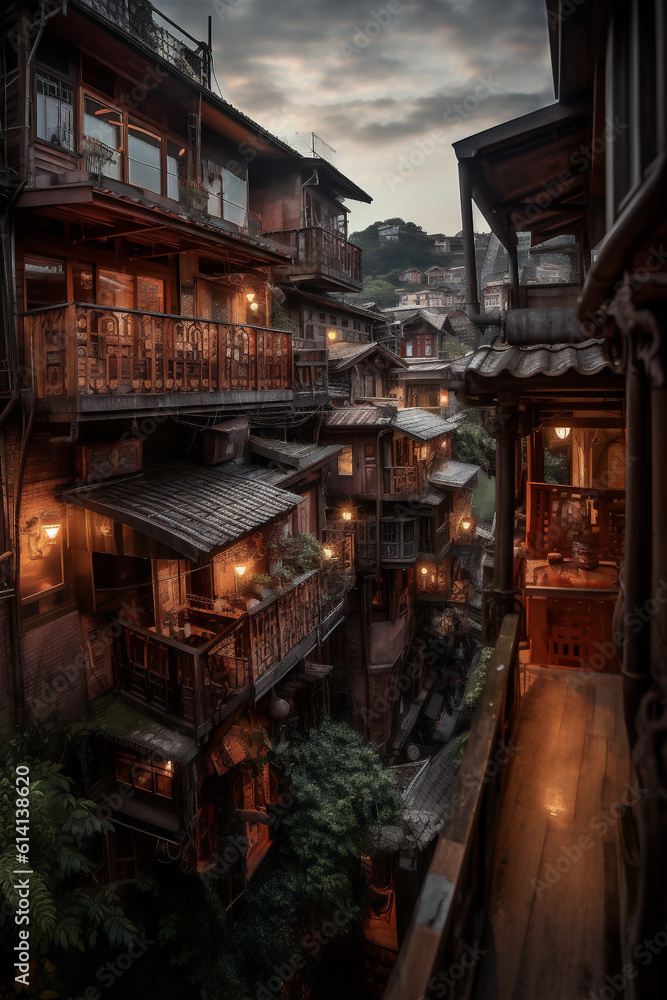 Ambient view of a traditional Chinese village in the evening