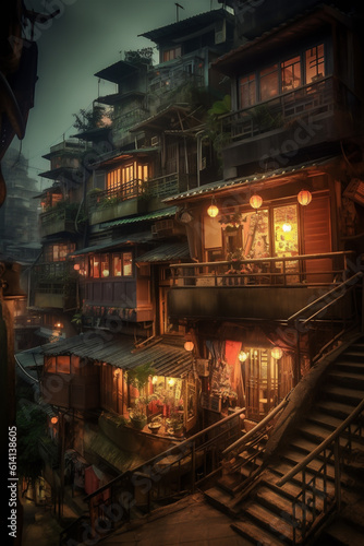 Ambient view of a traditional Chinese village in the evening