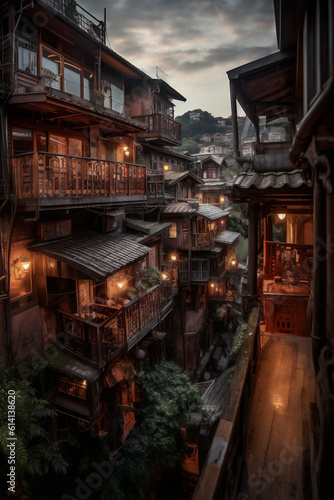 Ambient view of a traditional Chinese village in the evening