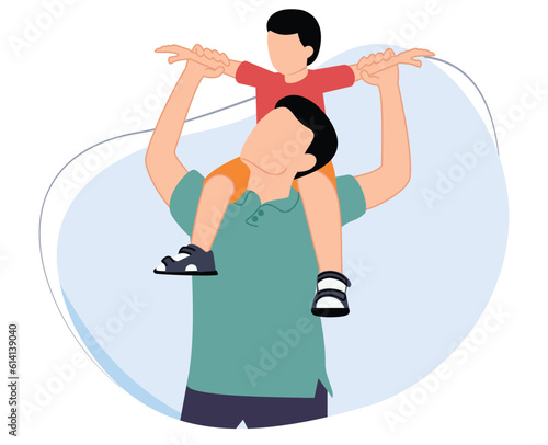 happy fathers day or father carrying his son on his shoulders