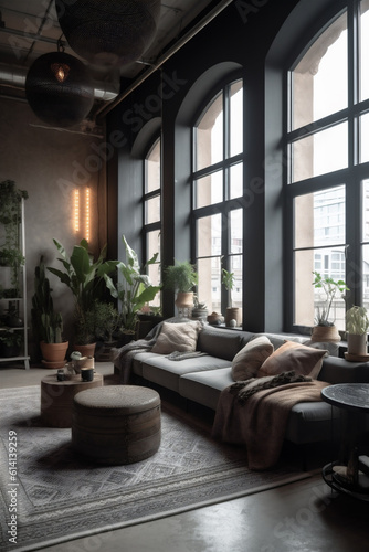 Vintage and rustic design style villa living room interior