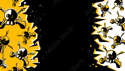 Party music decorated with rock and roll skulls and crossbones signs on a background design template for a music festival banner or concert poster.