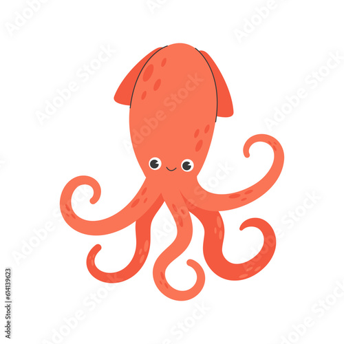 Joyful squid isolated on dark background. Happy marine animal, funny mollusc with tentacles, seabed dweller, underwater creature. Fauna of tropical sea or ocean. Flat cartoon vector illustration.