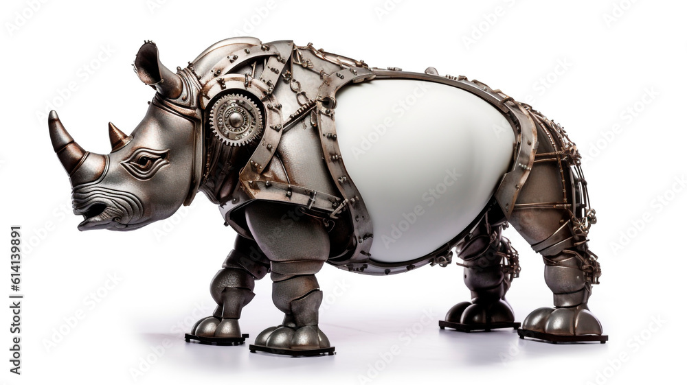White Rhinoceros-Cyborg figurine, biomechanical, white background, studio photo White Rhinoceros-Cyborg figurine, biomechanical, white background, studio photo