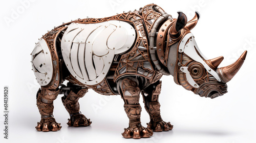 White Rhinoceros-Cyborg figurine  biomechanical  white background  studio photo 