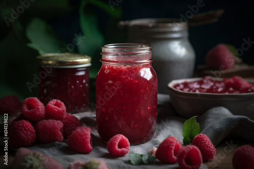 Close-up of freshly made raspberry jam in a glass bottle

