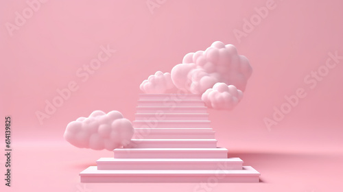 Abstract pastel pink color display Minimal background, Stair With Cloud on podium 3d rendering. Generative Ai