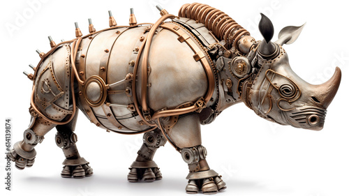 Rhinoceros-Cyborg figurine  biomechanical  white background  studio photo