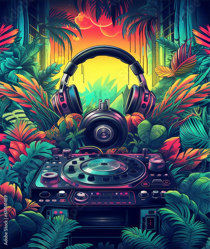 dj party flyer with jungle background