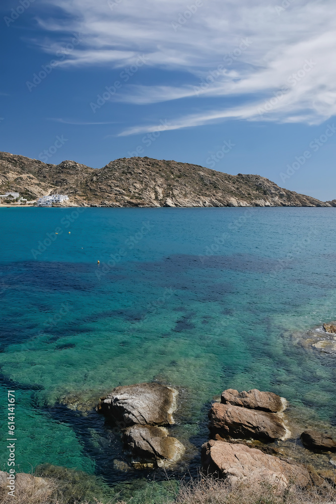 View of one of the most beautiful beaches of Greece, the  popular  beach of Mylopotas in Ios cyclades Greece