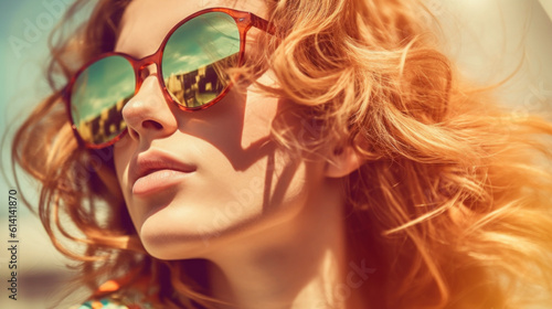 Outdoor close up fashion portrait of beautiful woman in sunglasses created with generative AI technology