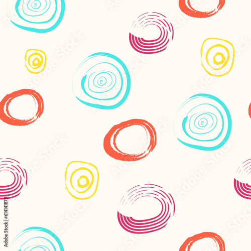 Seamless set of round abstract colorful backgrounds or patterns. Drawn doodle shapes. Spots, drops, curves, lines. Modern contemporary fashion vector illustration