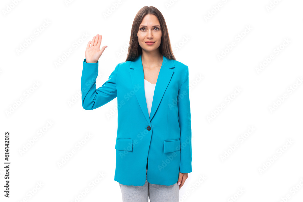 young confident pretty brunette leader woman with long hair in a blue jacket young confident pretty brunette leader woman with long hair in a blue jacket