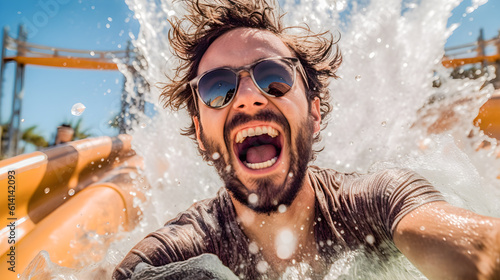 Man wearing sunglasses and happy sliding down a water slide in a water amusement park in summer. Generative ai. photo