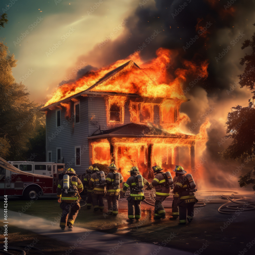 Firefighters putting out house on fire Firefighters putting out house on fire