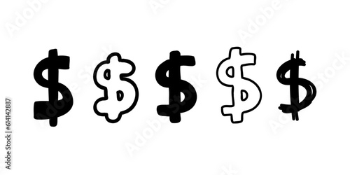 Scribble currency money finance sign icons Dollar USD collection. Vector illustration in hand made cartoon doodle style isolated on white background. For decorating, banks, logo.