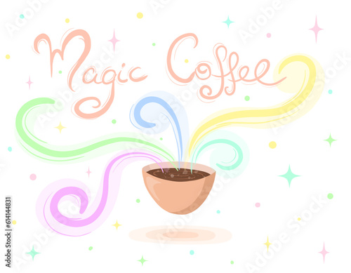 Magic coffee. Cartoon cup of coffee with colorful rays.