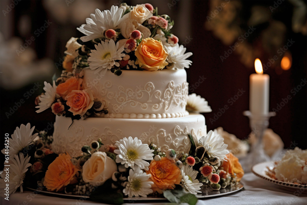 Layered cream wedding cake decorated with real flowers. Layered cream wedding cake decorated with real flowers.