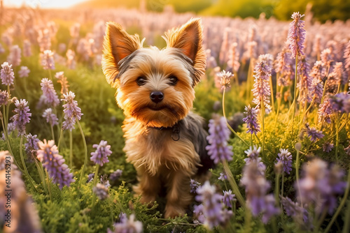 Adorable Yorkshire Terrier Embraced by a Colorful Garden: A Perfect Pet Portrait