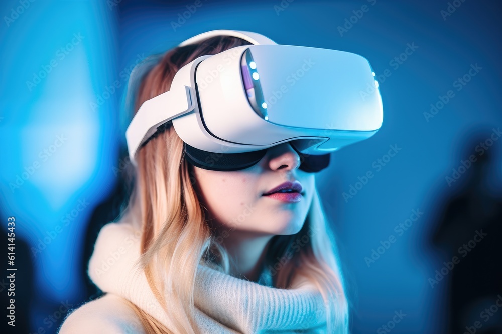 A close - up shot of a woman wearing a virtual reality headset and experiencing immersive digital content. Generative AI A close - up shot of a woman wearing a virtual reality headset and experiencing immersive digital content. Generative AI