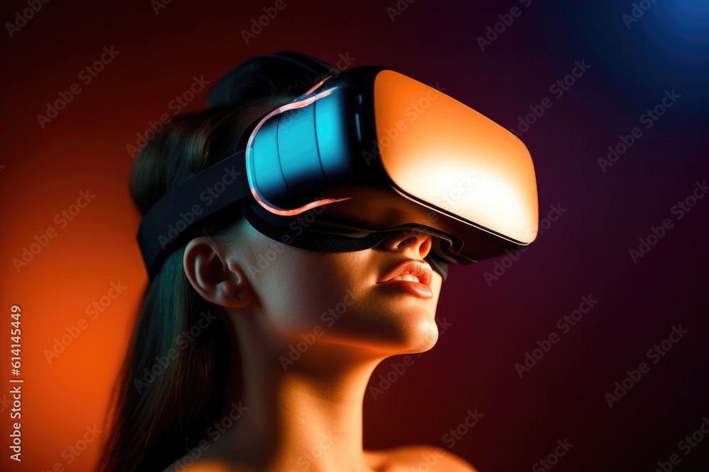 A close - up shot of a woman wearing a virtual reality headset and experiencing immersive digital content. Generative AI A close - up shot of a woman wearing a virtual reality headset and experiencing immersive digital content. Generative AI