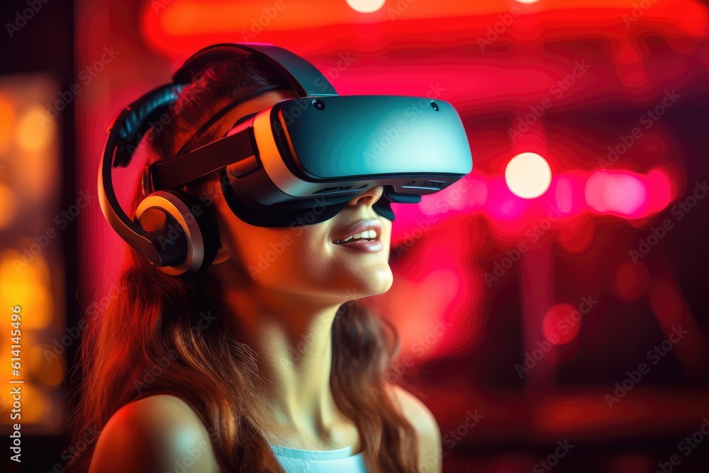 A close - up shot of a woman wearing a virtual reality headset and experiencing immersive digital content. Generative AI A close - up shot of a woman wearing a virtual reality headset and experiencing immersive digital content. Generative AI