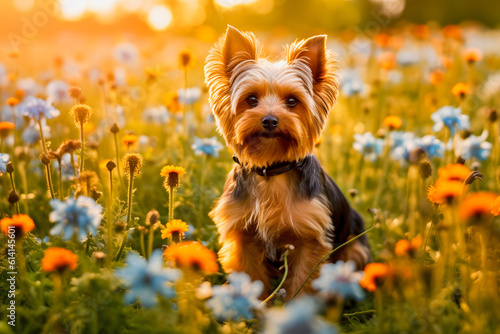 Flower Power: Yorkshire Terrier Enjoys a Vibrant Field of Blooms in Stunning Imagery © aprilian