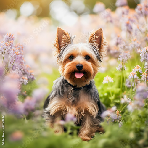 Cute Yorkshire Terrier Surrounded by a Flower-Filled Meadow: Captivating Pet Photography