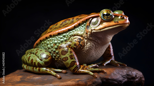bullfrog sitting on a rock, full body, side view