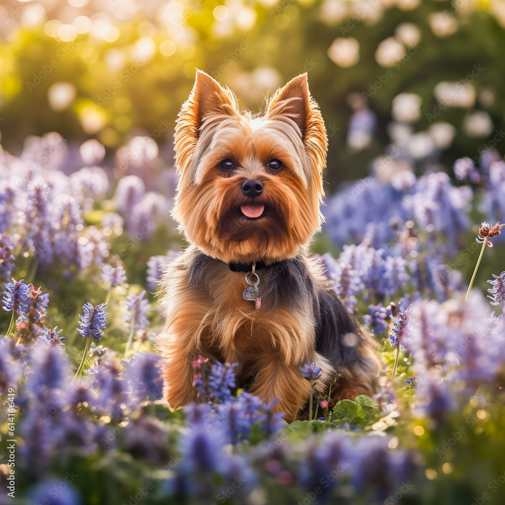 Floral Haven: Yorkshire Terrier Immersed in a Beautiful Flower Field