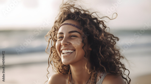 Blissful woman on a beach vacation, smiling broadly with joy and gratitude, embodying happiness by the serene ocean, generative ai, ai