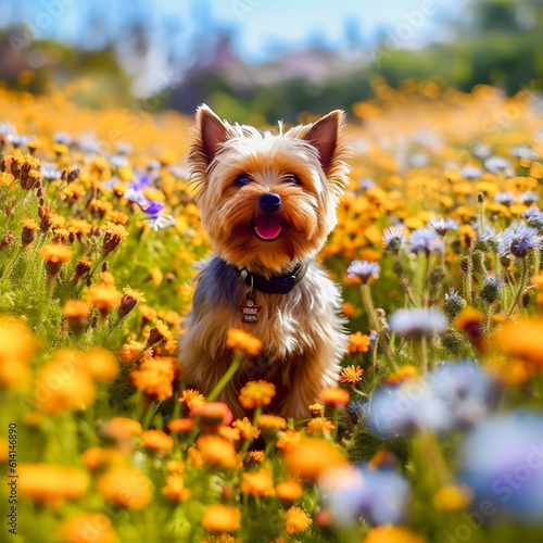Colorful Floral Setting: Yorkshire Terrier Poses amidst Vibrant Blooms © aprilian