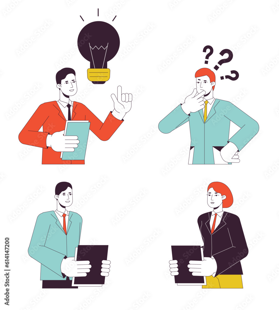 Office people working hard flat line vector spot illustration set. Male and female employees 2D cartoon outline characters on white for web UI design. Editable isolated colorful hero image pack Office people working hard flat line vector spot illustration set. Male and female employees 2D cartoon outline characters on white for web UI design. Editable isolated colorful hero image pack