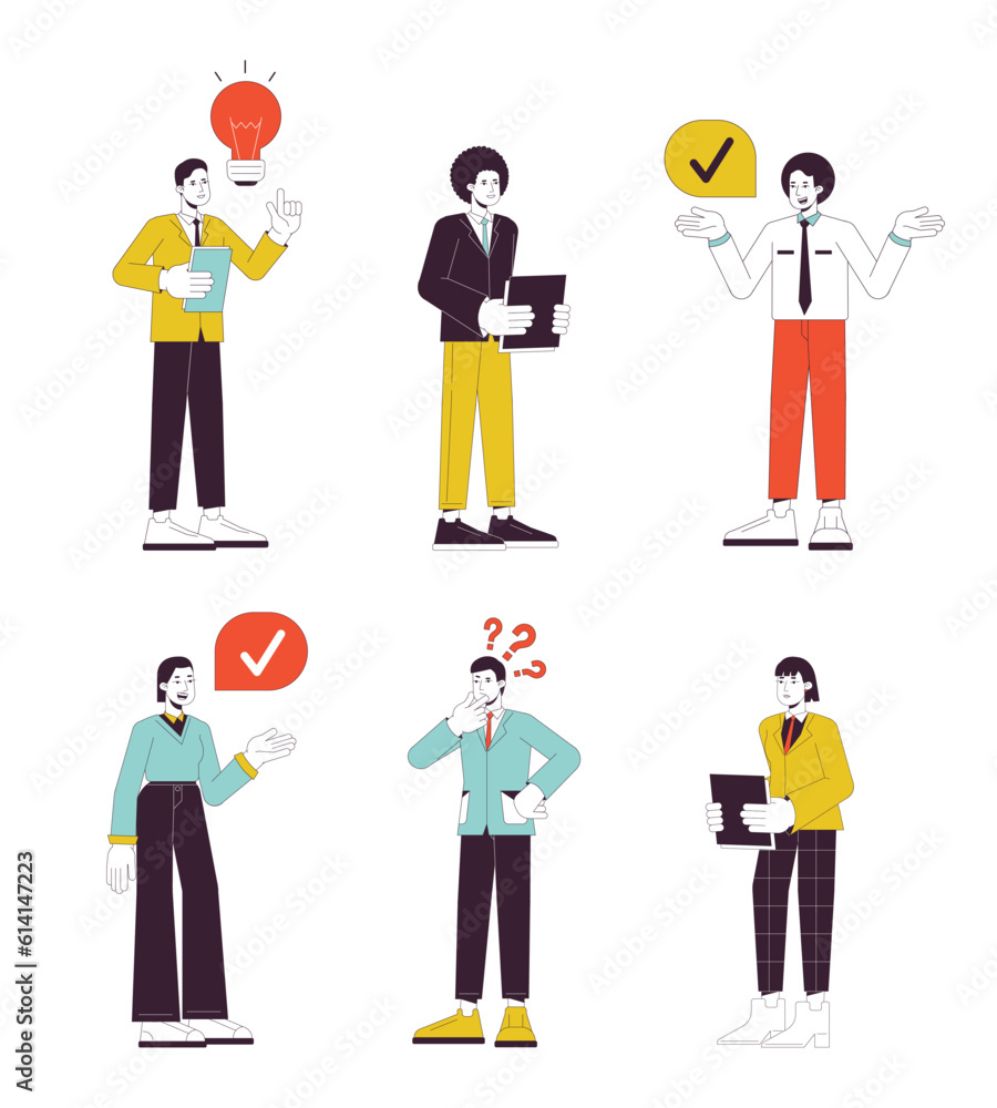 Office women and office men flat line vector spot illustration set. Clerical workers 2D cartoon outline characters on white for web UI design. Colleagues editable isolated colorful hero image pack Office women and office men flat line vector spot illustration set. Clerical workers 2D cartoon outline characters on white for web UI design. Colleagues editable isolated colorful hero image pack