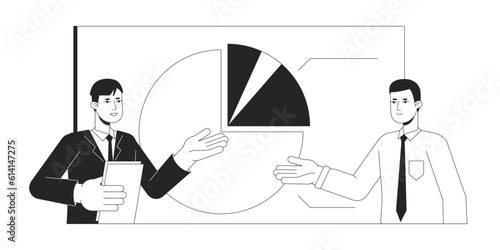 Presentation office meeting bw concept vector spot illustration. Spokesperson with colleague 2D cartoon flat line monochromatic characters for web UI design. Editable isolated outline hero image