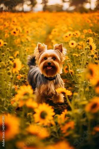 Petal Paws: Charming Yorkshire Terrier Explores a Field of Flowers