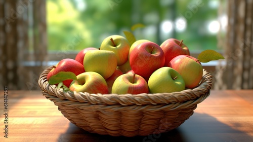 Fresh red and green apples in a basket. Generative AI