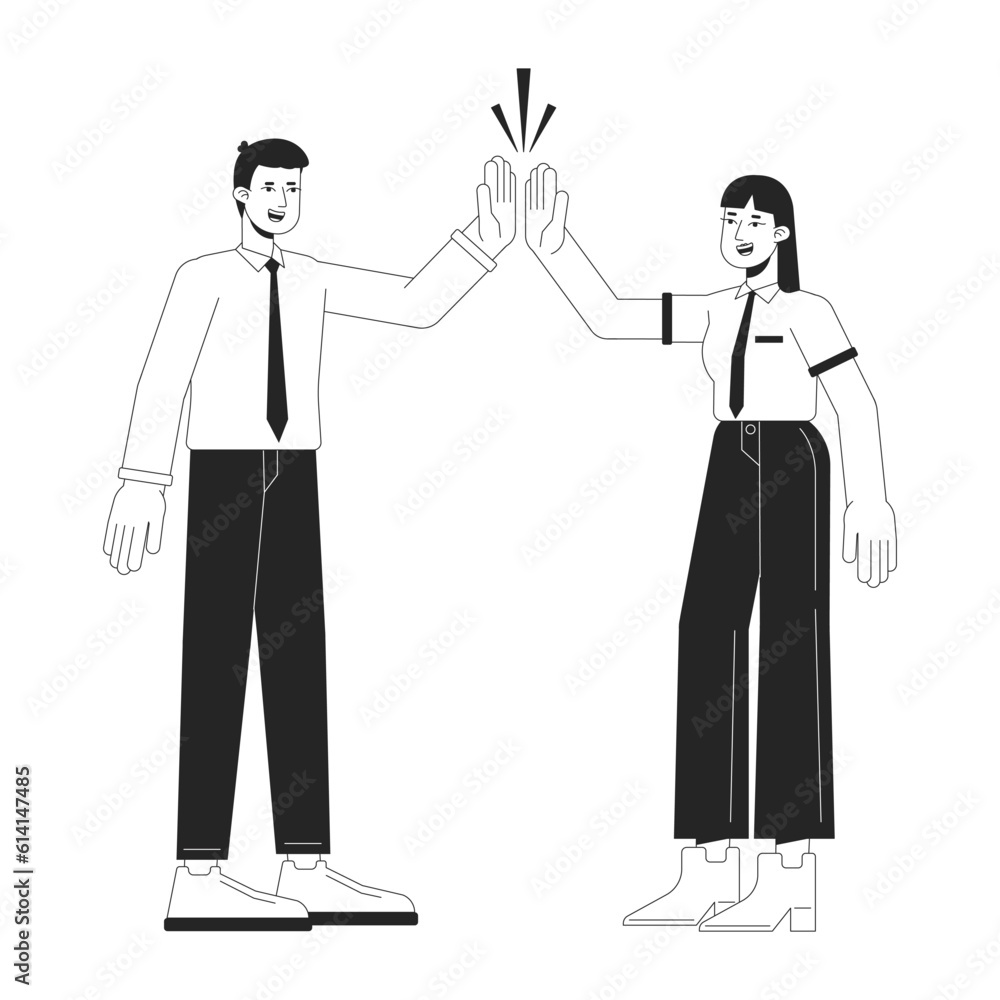 Teamwork businesspeople bw concept vector spot illustration. Office people working 2D cartoon flat line monochromatic characters for web UI design. Productivity editable isolated outline hero image